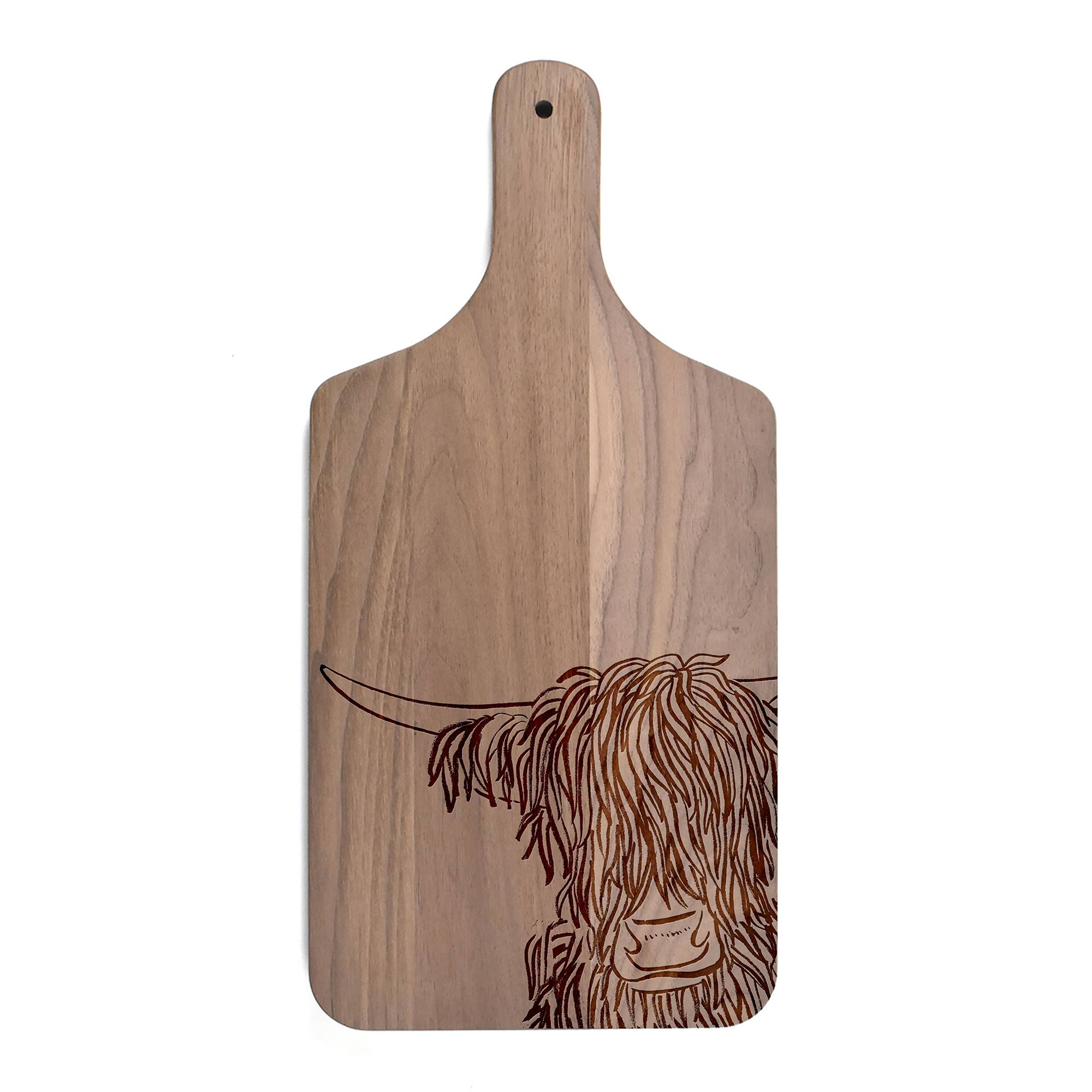 8" x 17" Wash Up Cow Sketch Walnut Paddle Cutting Board